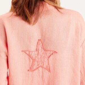 XCVI Coral Pink 100% Linen Star Applique Roll Tab Button Down Shirt Women Small